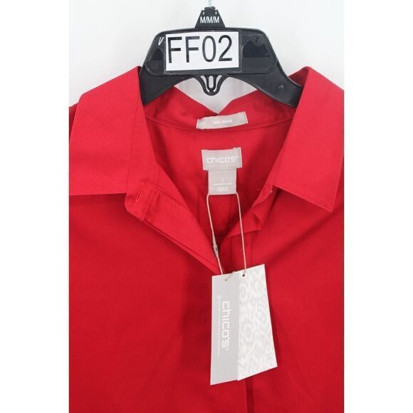 Chicos 1 No Iron S Sateen Tunic Top Button Front Red Stiletto Long Sleeve NEW - Picture 5 of 7